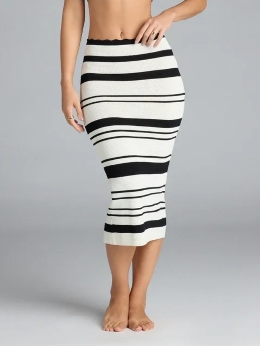 Black & White Striped Midi Pencil Skirt